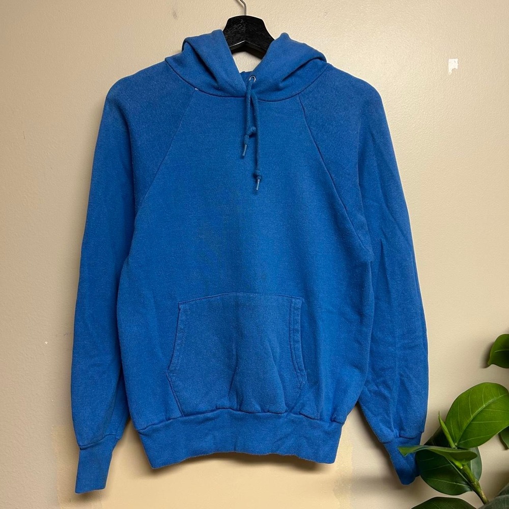 Vintage 80s Blue Blank Essential Hoodie Mens Medium Raglan Pullover Sweatshirt